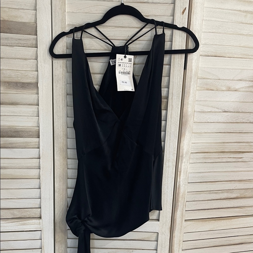 Zara Black Strappy Satin feel Women's Halter Top